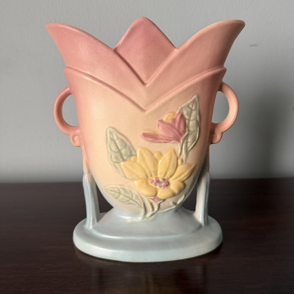 Vintage Hull Art Pottery USA-7-8 1/2 Magnolia Matte Pink Blue Vase Double Handle